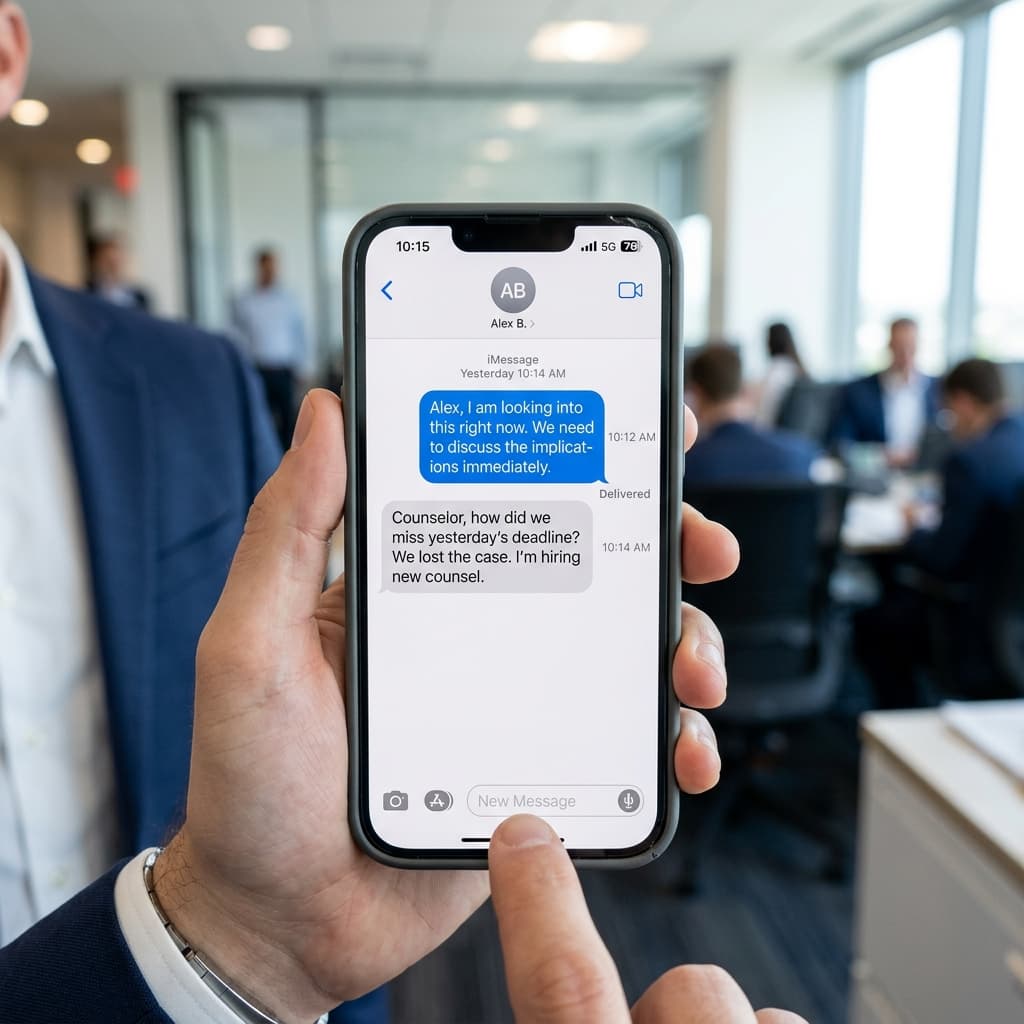 Angry client text message about a missed court deadline