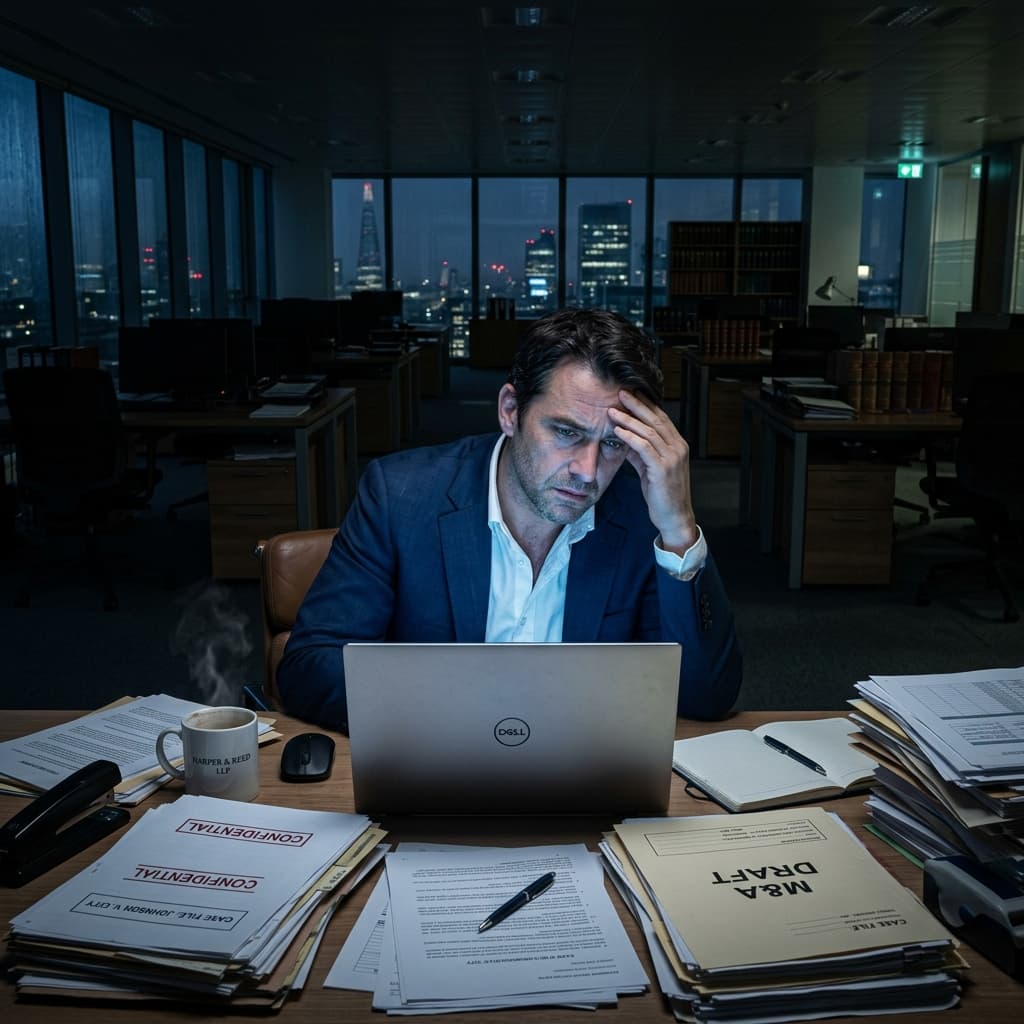 Stressed lawyer checking laptop late at night