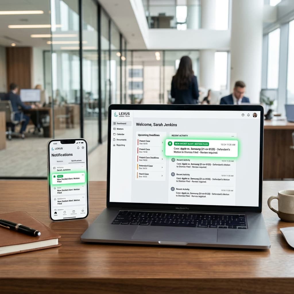 LexRadar dashboard and smartphone app showing instant docket alerts